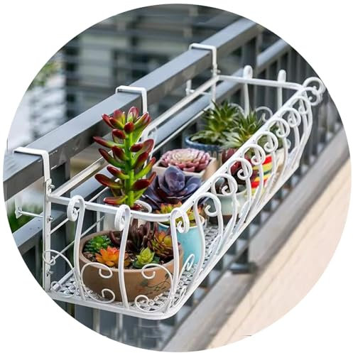 PEBFHSQW Fioriera Sospesa in Ferro Battuto - Portafiori da Balcone per Ringhiera, Recinzione, Davanzale, Casa, Giardino, Bar E Ufficio Scaffali Porta Piante(Bianca,28 * 80 * 20cm)