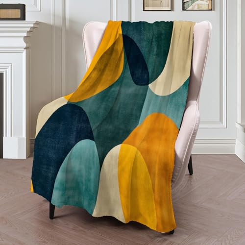 Senfgelber Kreis Flauschige Decke, Moderne Geometrie Kuscheldecke, Flanell Sofaüberwurf Decke Exquisite und Warme Wohndecke Sofadecke für Ganzjahreszeiten, Senfgelb-150x200cm