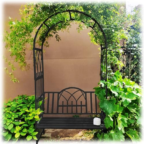 Arche en Métal avec Banc 2 Places 114 X 52 X 210cm, Arceau De Décoration Pergola De Décoration De Jardin Arche De Tonnelle De Extérieur Pelouse Terrasse