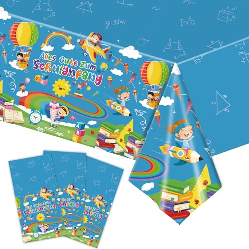 3 Stück Einschulung Tischdecke Blau 137 × 274 cm | Tischdeko mit Alles Gute zum Schulanfang für Jungen und Mädchen, Partydekoration für Schule und Klassenzimmer