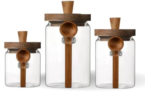 Gewürzgläser Set 3 Stück 450ml-750ml mit Holzdeckel & Löffel - Glasbehälter für Gewürze - Vorratsgläser Organizer Küche - Aufbewahrung für Kräuter & Gewürze