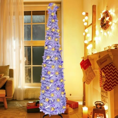 Árbol de Navidad Artificial y Plegable de 150 Cm, Arbol de Navidad Plegable con Una Guirnalda de Luces Cálidas de 5 Metros de Largo, Christmas Tree Morado, Navidad Decoración(D)