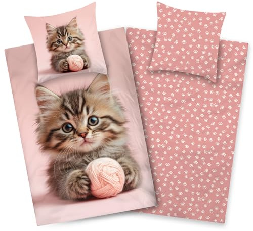 Aminata kids Bettwäsche 135x200 Kinder Mädchen Katze 100% Baumwolle - Wende-Bettwäsche mit Katzen-Motiv - YKK-Reißverschluss, Rosa, Katzenbaby