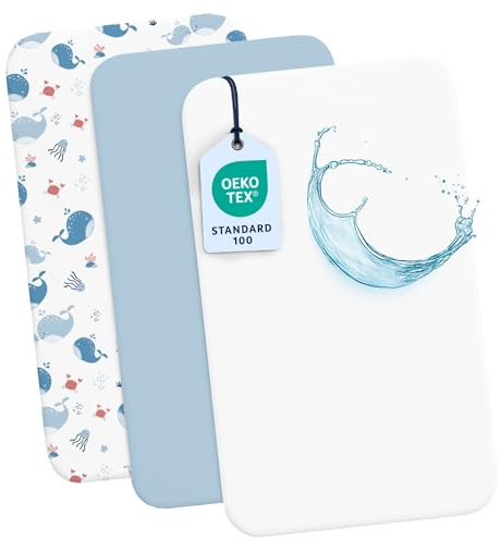 Dreamzie - 2 Baby Spannbettlaken 55x90 + 1 Wasserdichter Matratzenschoner | 3er Set für Babybett · 100% Baumwolle · Hypoallergen · OEKO-TEX zertifiziert · Kinderwagen & Babybett · Ozeanmotiv