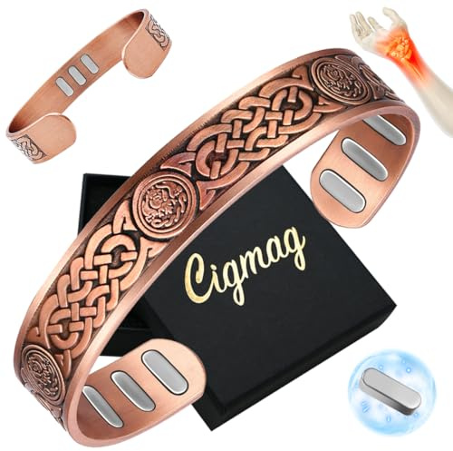 Cigmag 9X Copper Magnetic Bracelet for Men 5000 Gauss Pure Copper Bracelet | 9 Powerful Magnets, Adjustable Real Solid Cooper Cuff Bangle, with Present Box