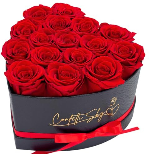 Confetti Sky 16 Forever Roses in Luxury Heart Box - Real Preserved Flowers Last 3 to 5 Years, for Mothers Day, Anniversary, Birthday, Valentine’s Day