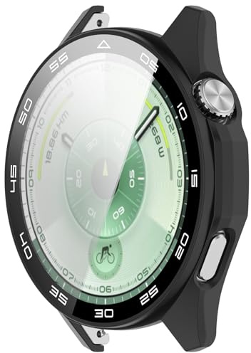 Disscool Heltäckande fodral med skärmskydd kompatibelt med Huawei Watch GT6 46 mm PC och äkta skyddsfodral i glas smart klocktillbehör (svart/skalstil)