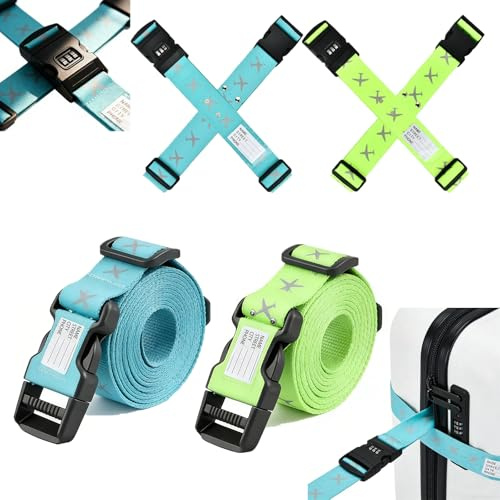 AEMCHDM 4 Pezzi Cinghie per Bagagli, Cinghie per Valigia Regolabili da Viaggio con Combinazione Lucchetto e Targhetta per Indirizzo, Accattivante Cinghie di Fissaggio Valigia Blu e Verde Lake Blue