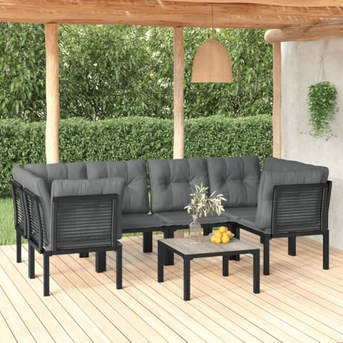 QJBSAVVA Ensemble salon de jardin 7 pièces noir et gris, 55 x 55 x 31 cm, table basse, groupe de sièges d'extérieur modulaire en rotin PE, capacité de charge de 110 kg, design moderne pour balcon