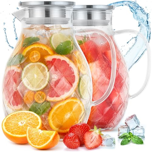 Premium Jarra de Vidrio Borosilicato + Tapa + Boquilla - 2 Litros, Pack de 2 - Jarra de Agua de Borosilicato con Asa - Jarra para Bebidas Calientes/Frías - Jarra para Té Helado