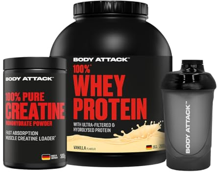 Body Attack Fitness Bundle: Whey Protein Vanille 2 kg & Creatin Monohydrat 500 g inkl. Protein Shaker 600 ml – Eiweißpulver mit BCAA & Hydrolysat – Muskelaufbau & Training