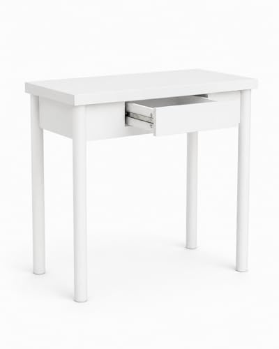 DUPI Mesa Cocina Extensible Agora | Apertura Tipo Libro | 1 Cajón | 40/80x80x76 cm | Tablero MDF 18 mm | Patas Metálicas Redondas | Blanco