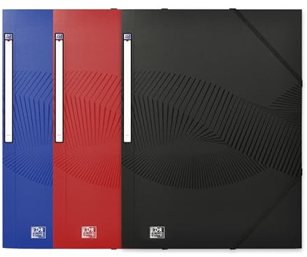 OXFORD Lot de 3 Chemises 3 rabats Osmose A4 avec Elastique, Couverture Polypro Bleu/Rouge/Noir