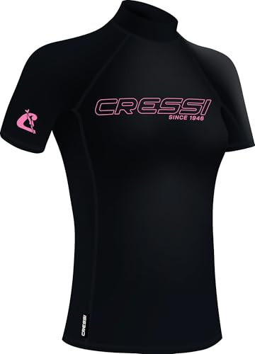Cressi desde 1946 - Sentinel Lady - Camiseta de Manga Corta Protección Solar UPF 50+, Sechado Rápido, Natación Surf Buceo Pesca Playa Piscina y Deportes Acuáticos - Negro/Rosa - S/2_Mujer