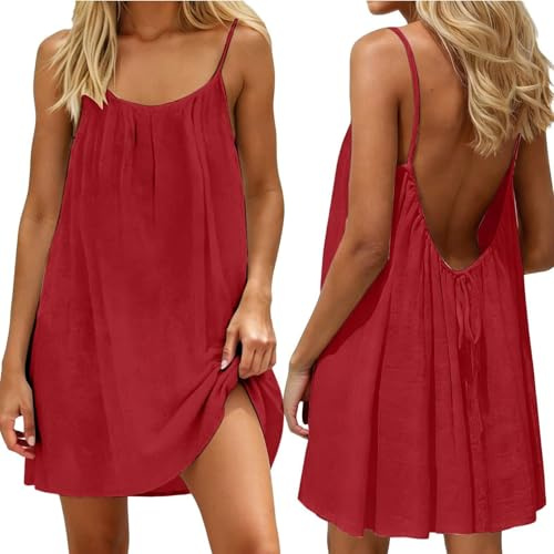Vestido Espalda Descubierta Mujer Verano, Vestido Camiseta Tirantes Finos, Modelo Amplio Fluido Tallas Grandes para Hogar y Playa(Red,3XL)