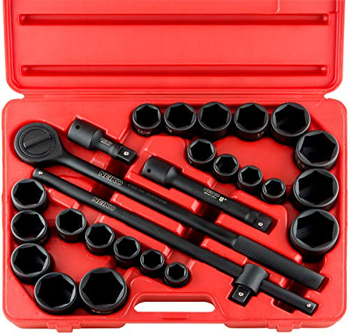 NEIKO 02499A - Juego de llaves de impacto jumbo de 3/4 pulgadas, juego de herramientas SAE y métricas poco profundas, SAE de 7/8 a 2 pulgadas y métricas de 26 a 38 mm, 27 piezas