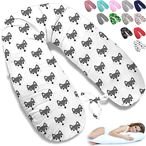ekm trade 170cm XXL Stillkissen Schwangerschaftskissen Lagerungskissen Seitenschläferkissen große Farbwahl Handmade Baumwolle 100% aus Zertifizierte Materialien (24 – Weiß – Graue Füchse)