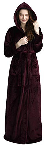 iCREAT Womens Long Hooded Bathrobe Fleece Full Length Bathrobe with Hood Winter Sleepwear, Wine-XL