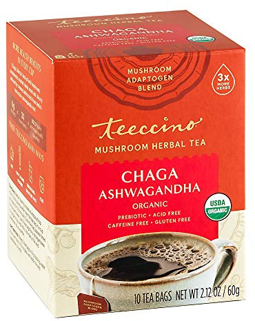 Teeccino - Chaga Ashwagandha Tea - Butterscotch Cream - Organic Mushroom Adaptogen Herbal Tea - 3x More Herbs Than Regular Tea Bags Prebiotic Caffeine Free Gluten Free - 10 Tea Bags