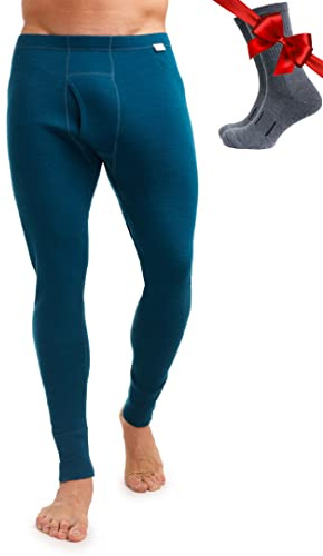 Merino.tech Pantaloni Termici Lana Merino Uomo - 100% Intimo Lana Merinos Uomo Leggero, Medio, Pesante con Calzini (Large, 250 Deep Teal)
