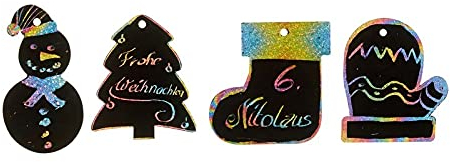 Kratzpapier Weihnachten X-Mas 4er Set mit je 6 Kratzbildern zum Aufhängen - Wichtelgeschenk, Adventskalender, Nikolausgeschenk,tolles Give Away, Mitgebsel, Weinachtsbaumschmuck
