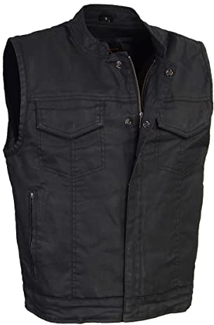 Milwaukee Leather MDM3025 Men’s Black Waxy Coated Denim Club Style Motorcycle Rider Vest w/Shirt Collar - X-Large