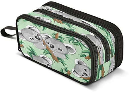 Koala Süß auf Grün Große Federtasche 3 Fächer Stifttasche Beutel Halter Box für College Schule Tragbare Schreibwaren Aufbewahrungstasche für Mädchen Jungen