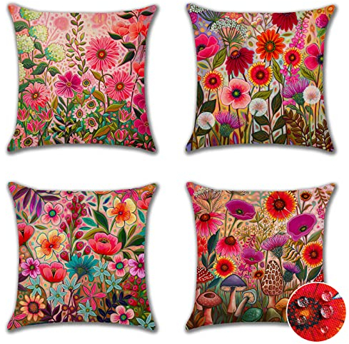 Ohok Wasserdicht Kissenbezug 45x45 cm, 4er Set Dekorativ Outdoor Kissenhülle Deko Sofakissen Couchkissen Zierkissenbezüge für Sofa Wohnzimmer Balkon Garten Auto (Heiße Blumen)