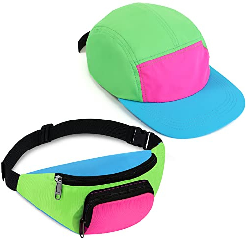 Cindeer 2 Stück 80er 90er Neon Gürteltasche und Baseball Kappe Retro Gürteltasche Trucker Kappe für Damen Herren Party (Grün)