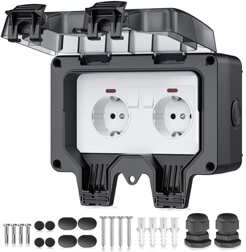 EYPINS Wasserdichte Außensteckdose IP66, 2-Gang-Wandsteckdose für Garten, Garage, Pool, Schwarz