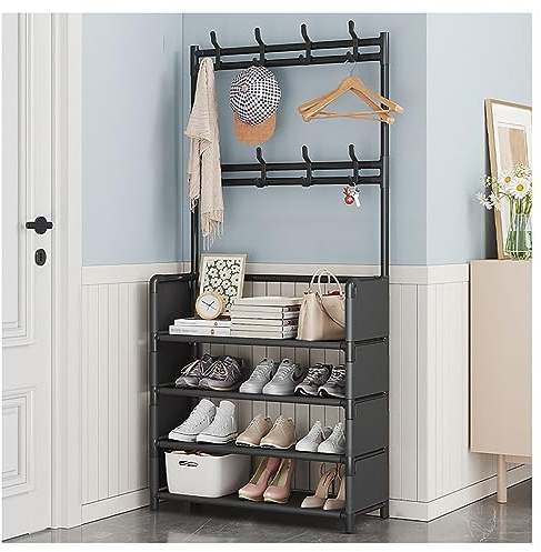 Appendiabiti a 4 ripiani con 8 ganci rimovibili, mensola per scarpe in metallo, tubo da 16 mm, mobili da ingresso per vestiti, cappelli, sciarpe, colore nero, dimensioni: 60 x 26 x 1 cm