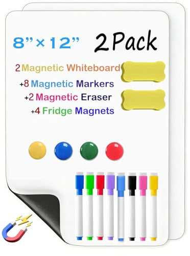 A4 Magnetic Whiteboard for Fridge, 2Pcs Small Fridge Magnet Board Dry Erase Whiteboard Sheets with 8 Colored Pens 2 Erasers 4 Fridge Magnets Message Reminder Stickers