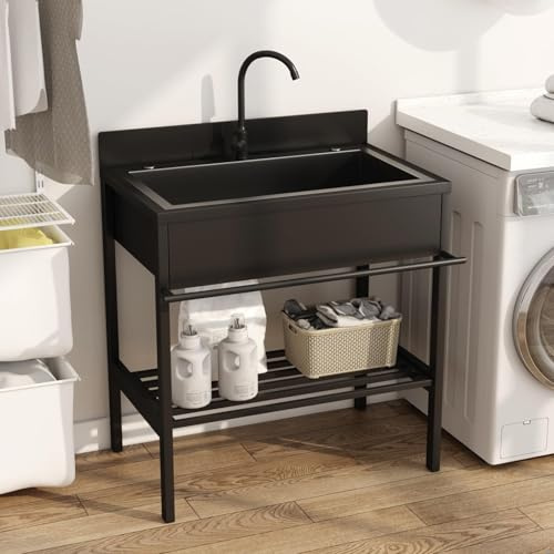 AYHARYLH Lavandino da Esterno,Lavello Cucina con Mobile Ripiano Portaoggetti Rubinetto E Kit di Scolo,per Interni Esterni Ristorante Lavanderia Campeggio Giardino(74x51x94cm)