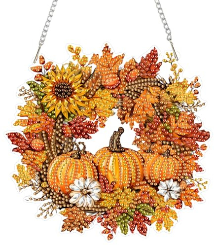 DOMROM Halloween Diamond Painting Anhänger, 5D Herbstlicher Kürbiskranz Diamond Painting Fensterbilder für Erwachsene, Bastelset Kreativ Set Hängend Ornament Geschenke Tür Fenster Wand Eingang Decor