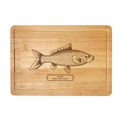 Casa Vivente Schneidebrett aus Holz mit Gravur Fang des Tages, Personalisiert mit Namen, Motiv Fisch, Grillbrett, Holzbrett, Küchenbrett, Brotzeitbrett, Geschenkidee für Angler