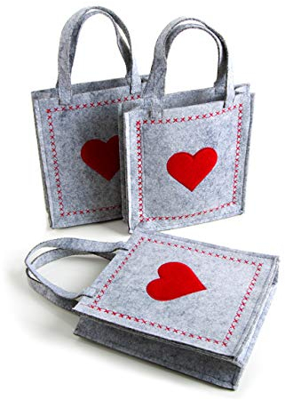 Logbuch-Verlag 3 kleine Geschenktaschen aus Filz grau rotes Herz Geschenkbeutel 18 x 20 x 5 cm Verpackung Muttertag Valentinstag Geschenke