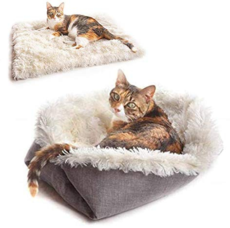 MAIYADUO Weiches Katzenbett Waschbar 42x36 cm Plüsch Haustierbett für Katzen und Kleine Hunde, 2 in 1 Katzenbett Schlafsack Warmes Haus Katzenkissen Katzendecke Waschbares Nest Bett für Katzen