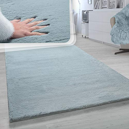 Paco Home Hochflor Teppich Für Wohnzimmer Softes Kaninchenfell Imitat Kunstfell In Türkis, Grösse:150x170 cm Oval