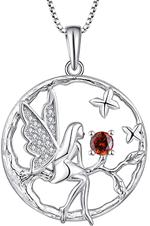 FJ Collier Femme Collier Ange Gardien Argent Sterling 925 Pendentif Arbre de Vie Collier Papillon Fée Elfe Pierre de Naissance Janvier Collier Grenat Cadeaux de Bijoux pour Femme Fille