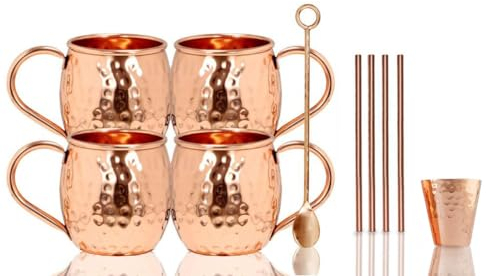 BOLD & DIVINE Copper Straws & Mugs - Set of 4, Each 1/2 LBS, Incl. 4 Straws, 1 Shot Glass, 1 Spoon, Food-Safe Lacquer