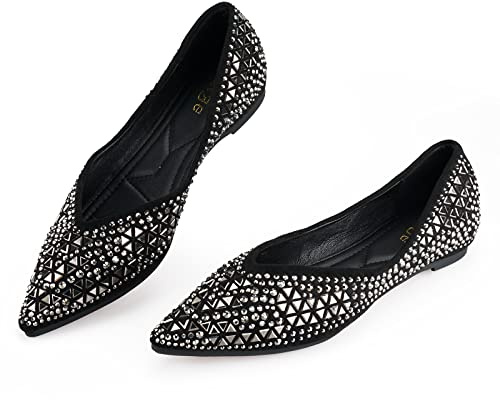 Flats Shoes Women Rhinestone Pointed Head Ballet Flats Comfortable Soft Memory Foam Insole Flat Shoes for Women Comfortable Dress Shoes Black Size 8.5-9