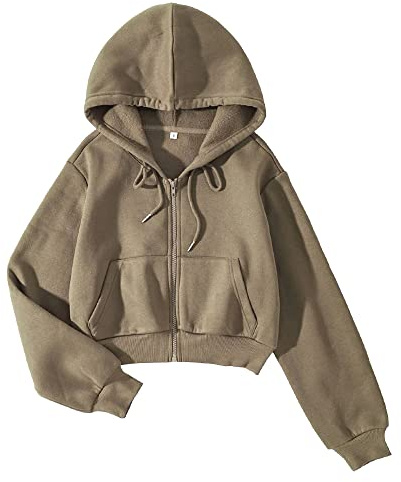 LOFAAC Damen Fleece Full Zip Up Cropped Hoodie Sweatshirt 90er Jahre Langarm Kordelzug Kapuze Crop Jacke Top mit Taschen, Olivgrün, M