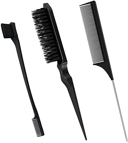 Sularpek 3 Pcs Slick Brush Set, Plastic Bristle Hair Brush and Teasing Comb, Rat Tail Comb Double Sided Edge Brush for Hair Slicking, Brushing, Combing and Styling