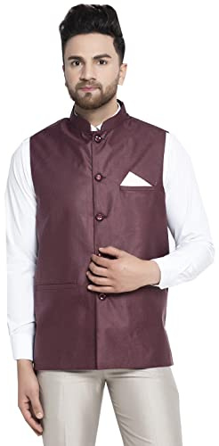 Maple Clothing Men's Nehru Jacket Traditional Indian Waistcoat (Maroon, L)