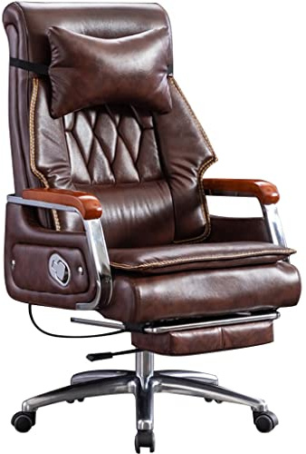 Chefsessel groß und hoch 90°-155° Winkelverstellung Bürostuhl, Bürostühle aus echtem Leder, Drehstuhl, Tragkraft 200kg/440.9lbs (Color : Brown, Size : 114-120 * 52cm)