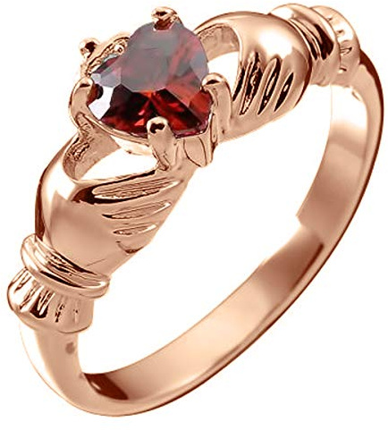 GWG Jewellery Anillo de Claddagh, Chapado en Oro Rosa 18K Dos Manos Que Rodean Corazón de Piedra de Color Rubí Rojo con Corona - 10 en Caja de Regalo para Mujeres