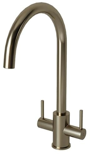 Liquida AD395BS Swan Neck Twin Lever Kitchen Mixer Tap in Brushed Steel