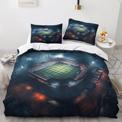 Football Field Housse De Couette Doux Et Souple Parure De Lit Fille Garçon Comfort Cover Microfibre Ensemble De Soccer Literie Avec Fermeture Éclair Et Taies D'oreillers Linge De Lit Double（200x200cm）