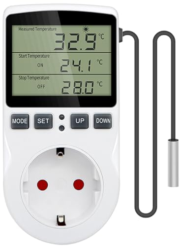 Greluma 1 Stück AC 230V Digitaler Temperaturregler-Steckdose mit Sensorsonde, Heizungs-Kühl-Thermostat-Steckdose mit Timer, LED-Display-Thermostatschalter für Gewächshaus, Aquarium