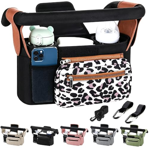 Tyuodna Kinderwagen Organizer Universal,Buggy Tasche mit 2 Isolierten Getränkehaltern, Große Kapazität & Abnehmbarer Schultergurt, Rutschfeste Haken für Kinderwagen/Buggy (Leopardenmuster)